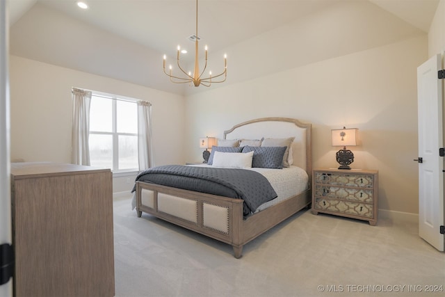 bedroom featuring light colored carpet, vaulted ceiling, and a notable chandelier