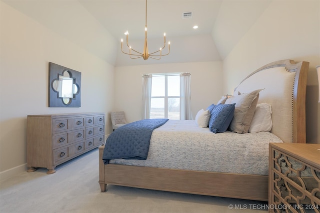 bedroom featuring lofted ceiling, light carpet, and an inviting chandelier