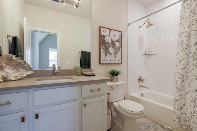 full bath with vanity, toilet, and shower / tub combo with curtain