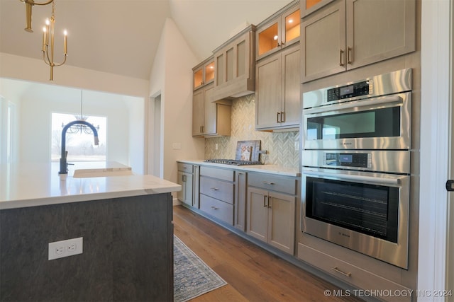 kitchen with dark wood-style flooring, a sink, stainless steel appliances, glass insert cabinets, and tasteful backsplash