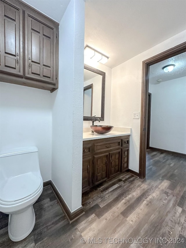 bathroom with vanity, wood-type flooring, and toilet