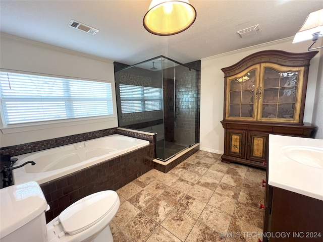 full bathroom with vanity, toilet, ornamental molding, and independent shower and bath