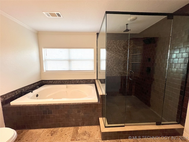 bathroom with toilet, independent shower and bath, and ornamental molding