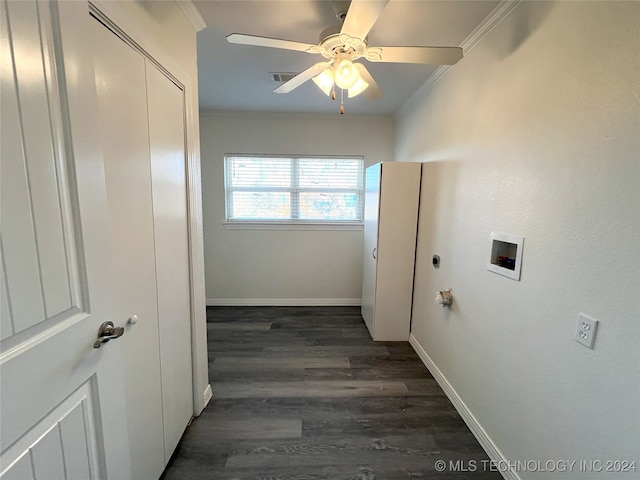 laundry area with ceiling fan, hookup for a washing machine, dark hardwood / wood-style floors, and ornamental molding