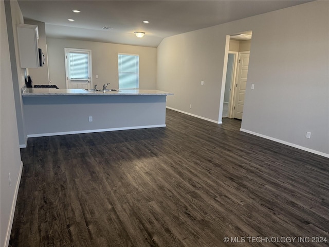 unfurnished living room featuring dark wood-type flooring and sink