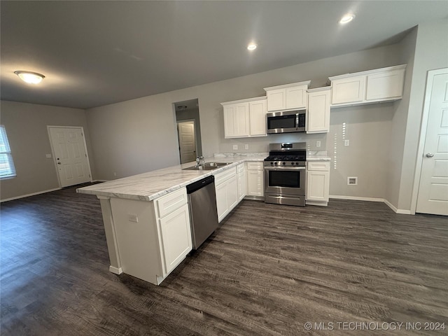 kitchen featuring white cabinets, dark hardwood / wood-style flooring, sink, and stainless steel appliances