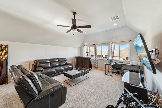 living room featuring light colored carpet, vaulted ceiling, and ceiling fan