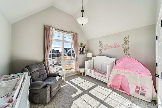 bedroom featuring lofted ceiling and carpet floors