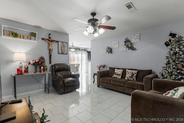 living room with ceiling fan