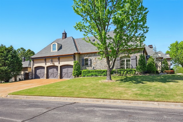 10616 S Forest Ave, Jenks, OK 74037 - french country inspired facade with concrete driveway, an attached garage, stone siding, and a front lawn