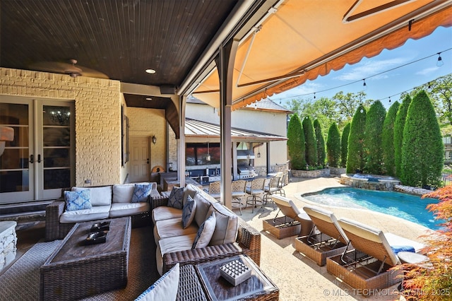 10616 S Forest Ave, Jenks, OK 74037 - view of patio / terrace with a pool with connected hot tub, an outdoor living space, french doors, and outdoor dining space
