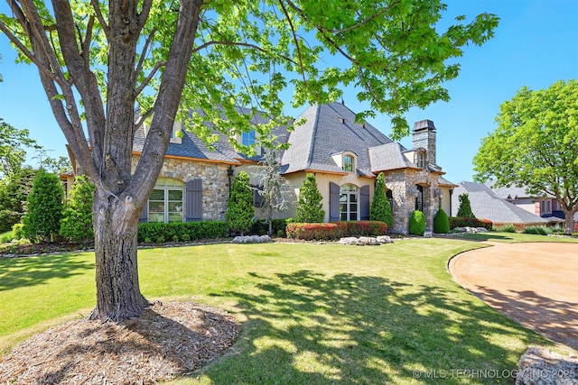 10616 S Forest Ave, Jenks, OK 74037 - french country inspired facade featuring a chimney, stucco siding, a front lawn, and stone siding