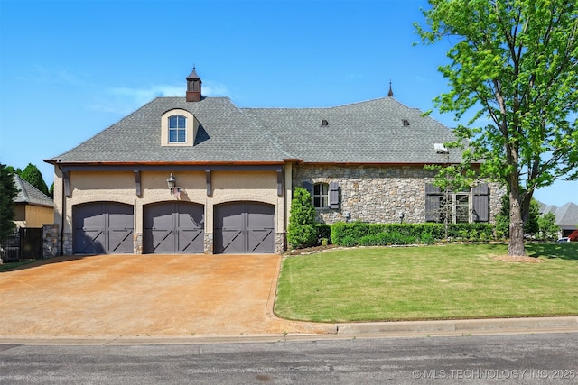 10616 S Forest Ave, Jenks, OK 74037 - french provincial home featuring a shingled roof, stone siding, a garage, a front yard, and driveway