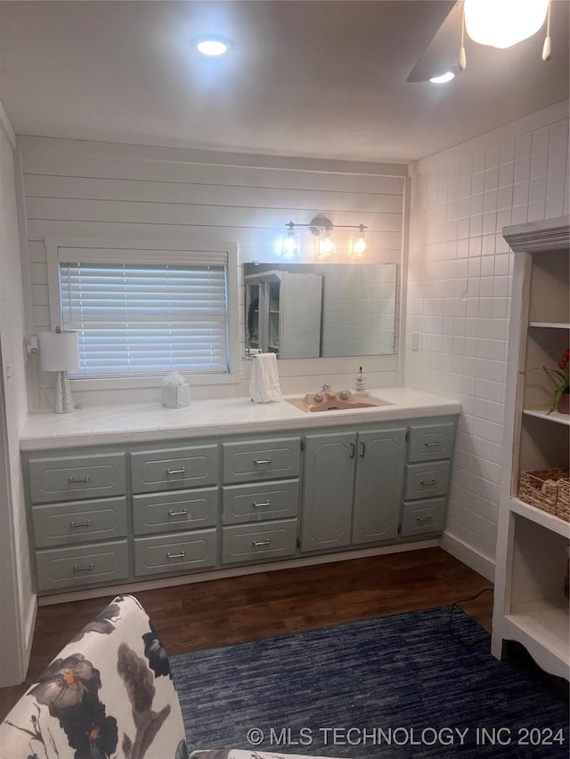 bathroom with hardwood / wood-style floors and vanity