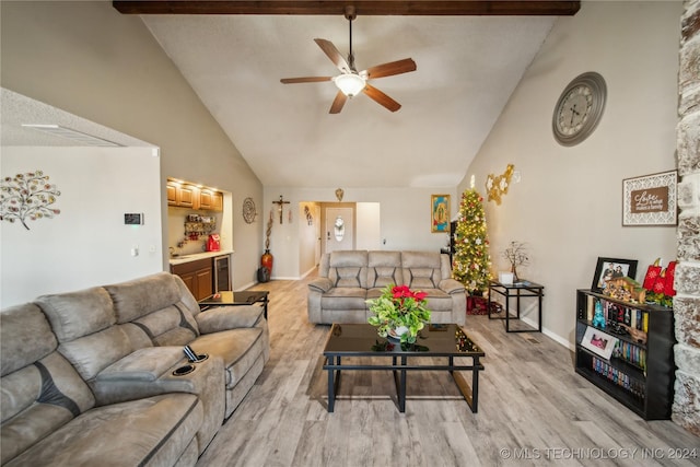 living room featuring high vaulted ceiling, wine cooler, ceiling fan, beamed ceiling, and light hardwood / wood-style floors