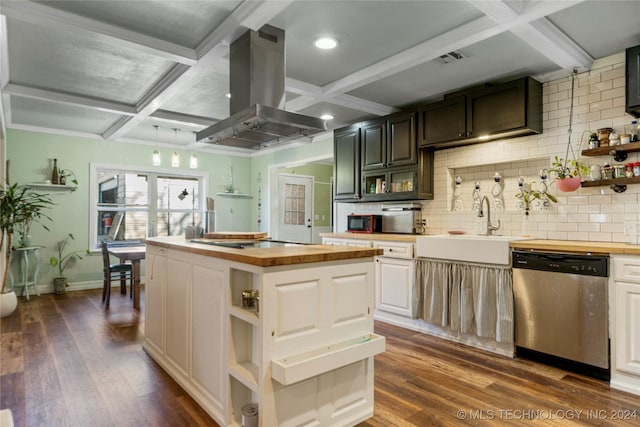 kitchen featuring black appliances, wood counters, island range hood, and coffered ceiling