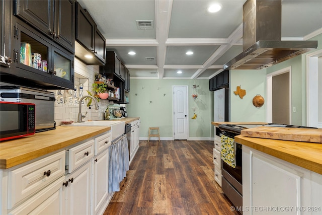 kitchen with butcher block countertops, island exhaust hood, white cabinets, and stainless steel appliances