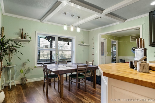 dining space with beamed ceiling, dark hardwood / wood-style floors, crown molding, and coffered ceiling