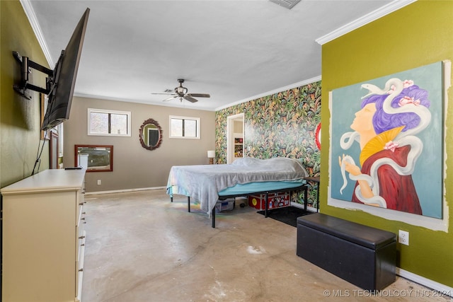 bedroom featuring ceiling fan and crown molding