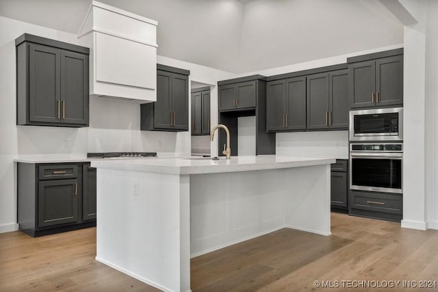 kitchen with an island with sink, stainless steel appliances, and light hardwood / wood-style floors