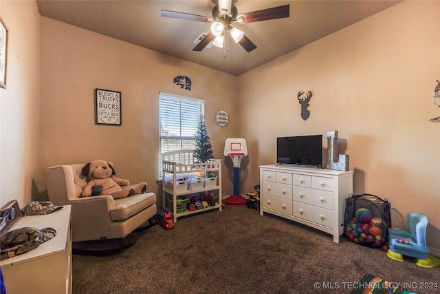 playroom with carpet flooring and ceiling fan