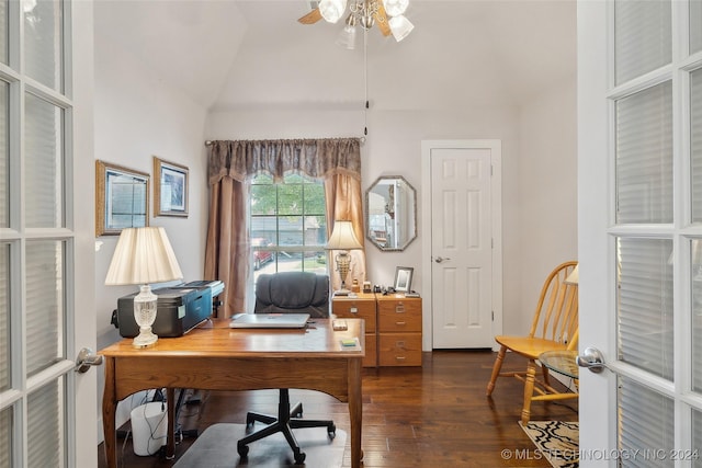 office space with dark hardwood / wood-style floors, ceiling fan, lofted ceiling, and french doors