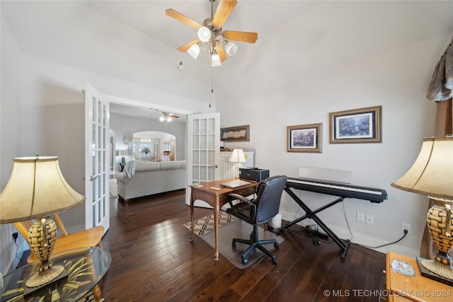 home office featuring dark hardwood / wood-style flooring, ceiling fan, and french doors