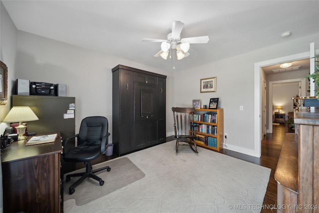 office area featuring ceiling fan and light hardwood / wood-style floors