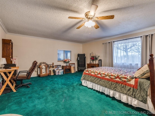 carpeted bedroom featuring ceiling fan, crown molding, and a textured ceiling