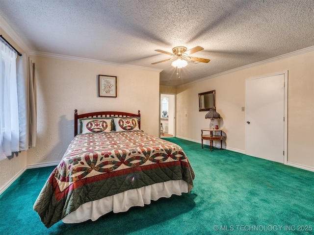 carpeted bedroom with a textured ceiling, ceiling fan, and ornamental molding