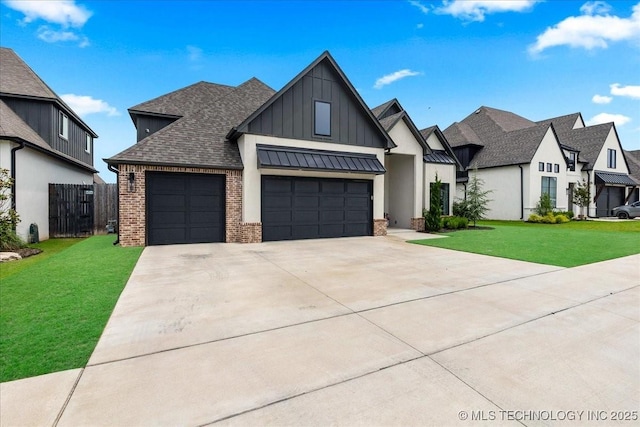4255 S 173rd E Ave, Tulsa, OK 74134 - view of front facade featuring board and batten siding, brick siding, concrete driveway, a garage, and a standing seam roof
