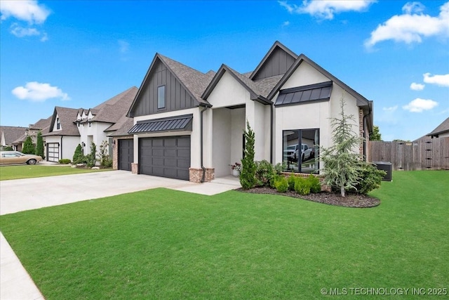 4255 S 173rd E Ave, Tulsa, OK 74134 - modern inspired farmhouse with board and batten siding, a garage, concrete driveway, a standing seam roof, and a shingled roof