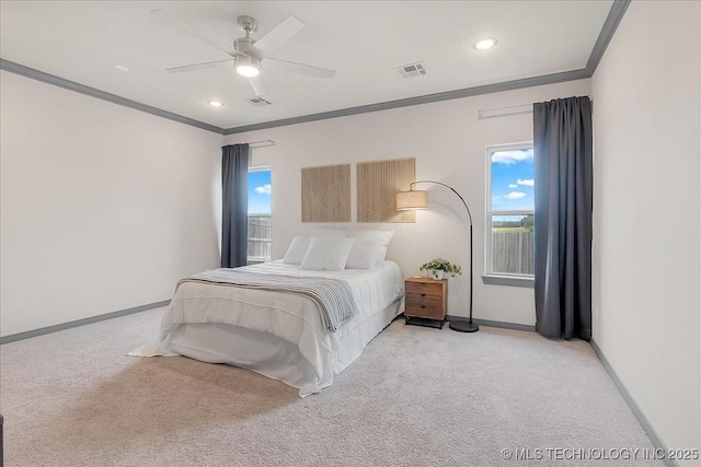 4255 S 173rd E Ave, Tulsa, OK 74134 - bedroom with ornamental molding, carpet flooring, multiple windows, a ceiling fan, and recessed lighting