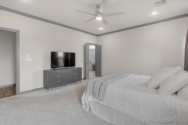 4255 S 173rd E Ave, Tulsa, OK 74134 - bedroom with crown molding, light carpet, a ceiling fan, ensuite bath, and recessed lighting