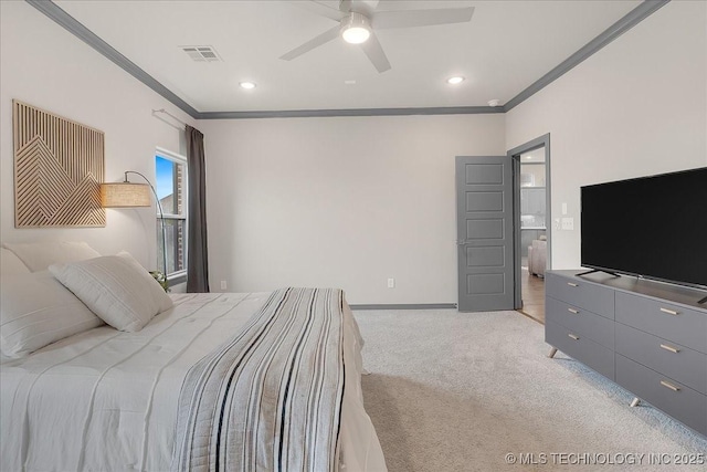 4255 S 173rd E Ave, Tulsa, OK 74134 - bedroom with crown molding, light carpet, a ceiling fan, and recessed lighting