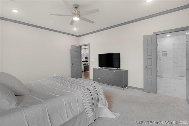 4255 S 173rd E Ave, Tulsa, OK 74134 - bedroom featuring ornamental molding, light carpet, recessed lighting, connected bathroom, and a ceiling fan