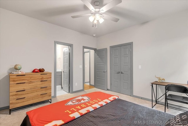 4255 S 173rd E Ave, Tulsa, OK 74134 - bedroom featuring light carpet, ceiling fan, and ensuite bath