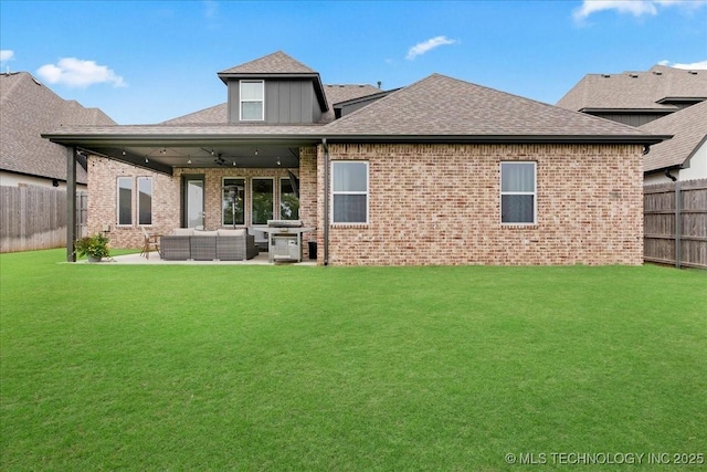 4255 S 173rd E Ave, Tulsa, OK 74134 - rear view of house with an outdoor hangout area, a fenced backyard, a patio area, and a shingled roof