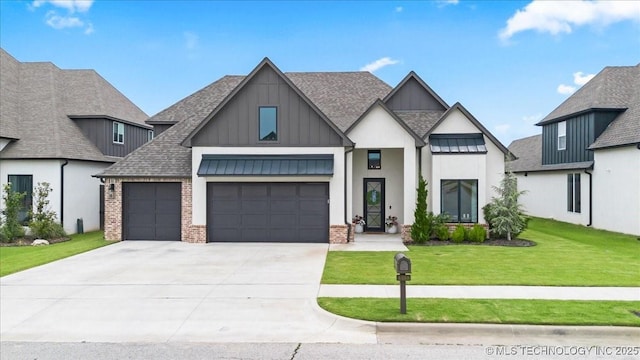 4255 S 173rd E Ave, Tulsa, OK 74134 - view of front facade with an attached garage, a front lawn, board and batten siding, driveway, and brick siding