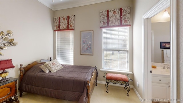 carpeted bedroom with crown molding and multiple windows