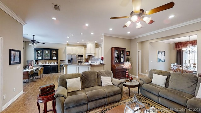 living room with crown molding, light tile patterned floors, and a notable chandelier