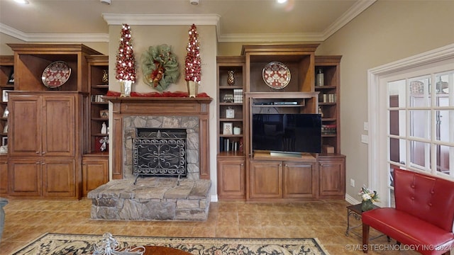 tiled living room with a fireplace and ornamental molding