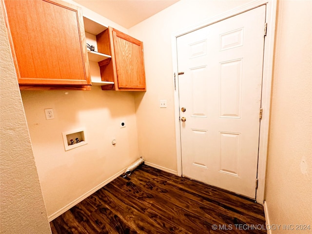 laundry room with cabinets, washer hookup, hookup for an electric dryer, gas dryer hookup, and dark wood-type flooring