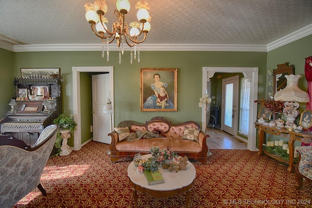 living room featuring carpet flooring, crown molding, a chandelier, and a textured ceiling