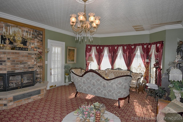 interior space featuring carpet flooring, a brick fireplace, a textured ceiling, crown molding, and a chandelier