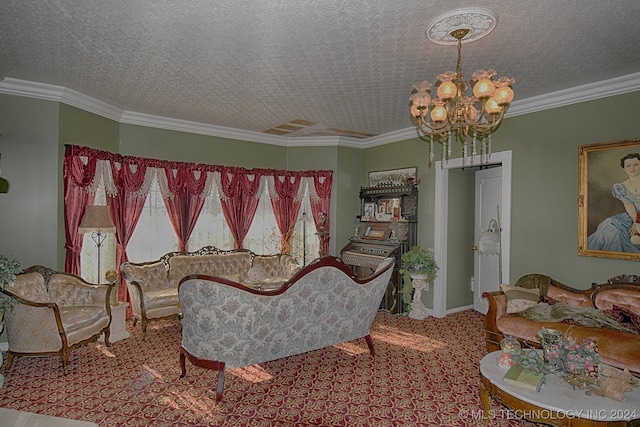 sitting room with carpet flooring, ornamental molding, a textured ceiling, and a notable chandelier