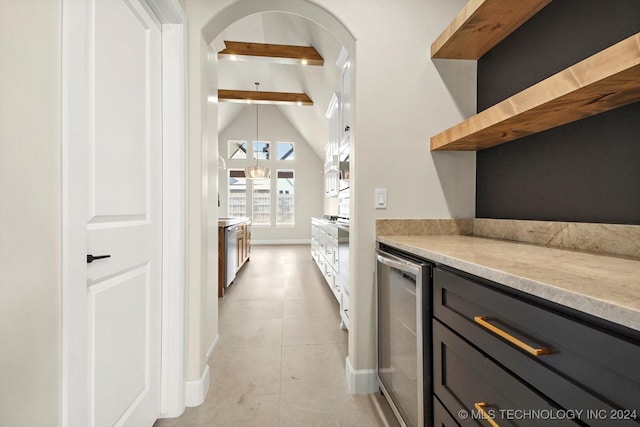 bar featuring light tile patterned flooring, wine cooler, and vaulted ceiling with beams