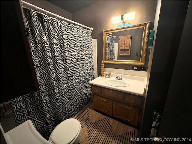 full bathroom featuring toilet, curtained shower, and vanity