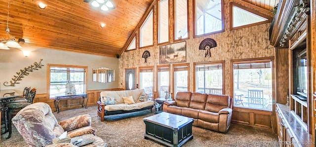 carpeted living room featuring wooden walls, ceiling fan, wooden ceiling, and high vaulted ceiling