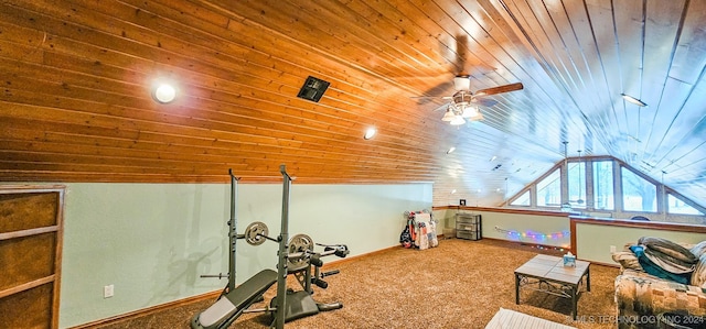 workout area featuring carpet flooring, wooden ceiling, and vaulted ceiling